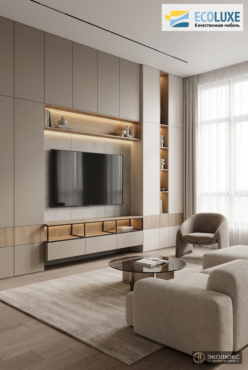 Современная ТВ-зона с подсветкой для гостиной