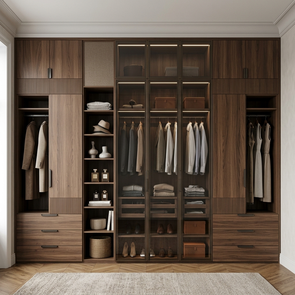 Элегантная спальня с деревянными фасадами