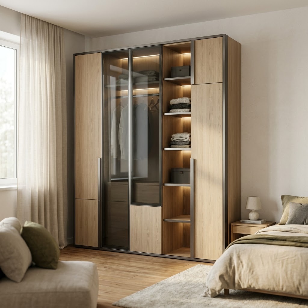 Встроенный шкаф в спальню с подсветкой